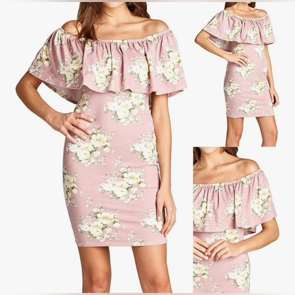 Loving People Floral Print Ruffled Off Shoulder Bodycon Dress Size Small - Picture 2 of 8